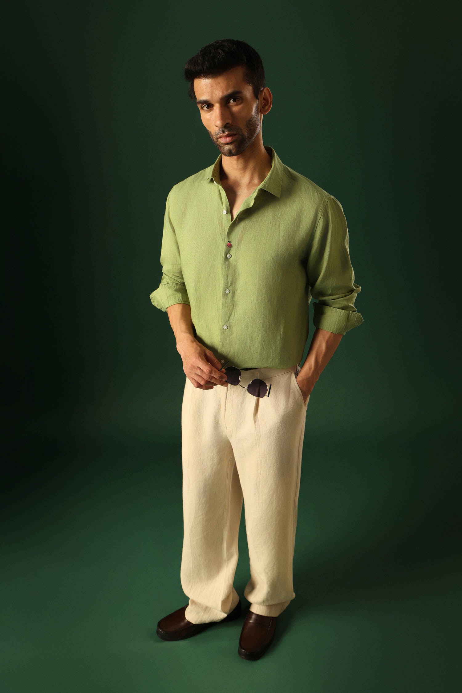 Lady Bug Hand Embroidered Irish Linen Shirt - Green