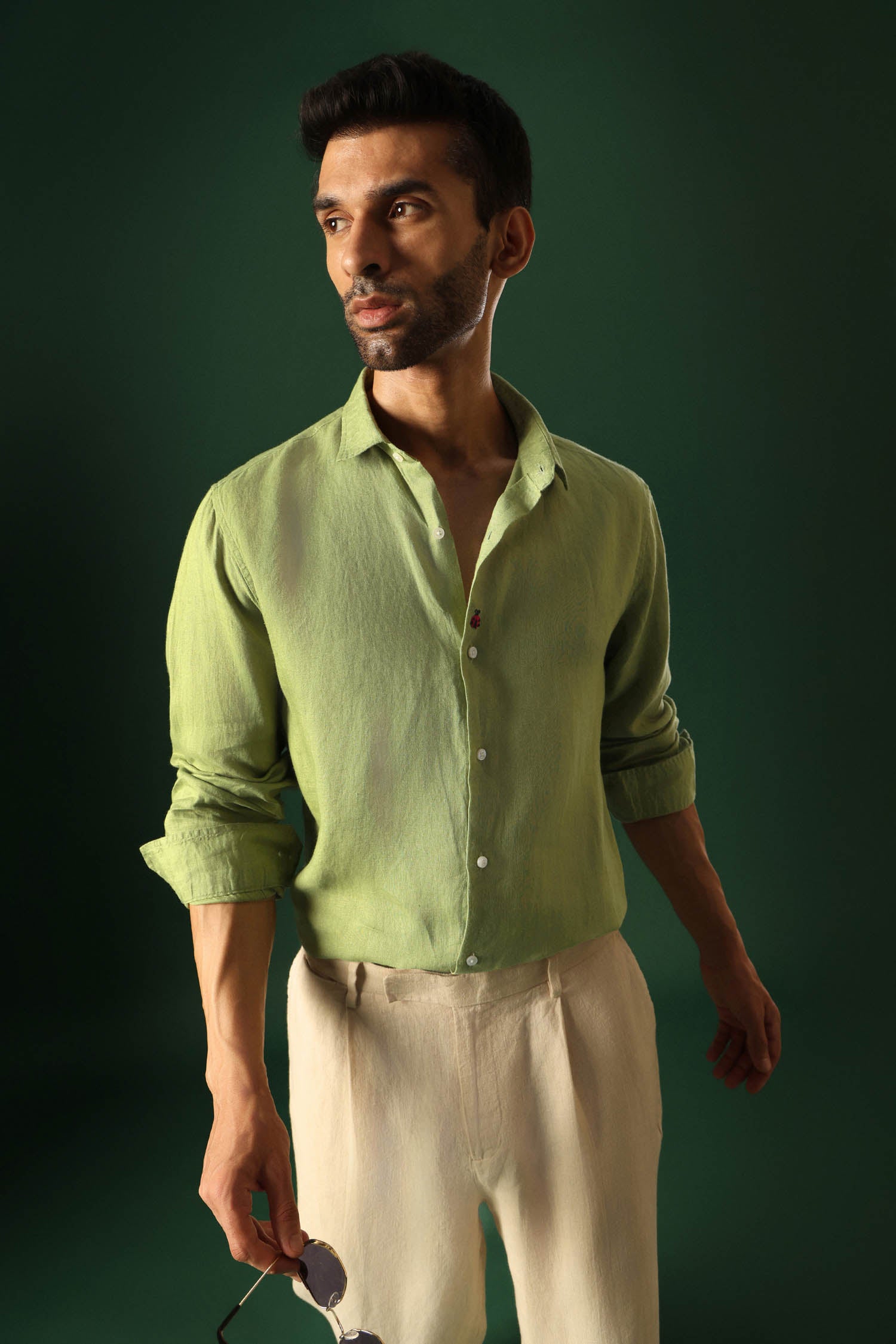 Lady Bug Hand Embroidered Irish Linen Shirt - Green