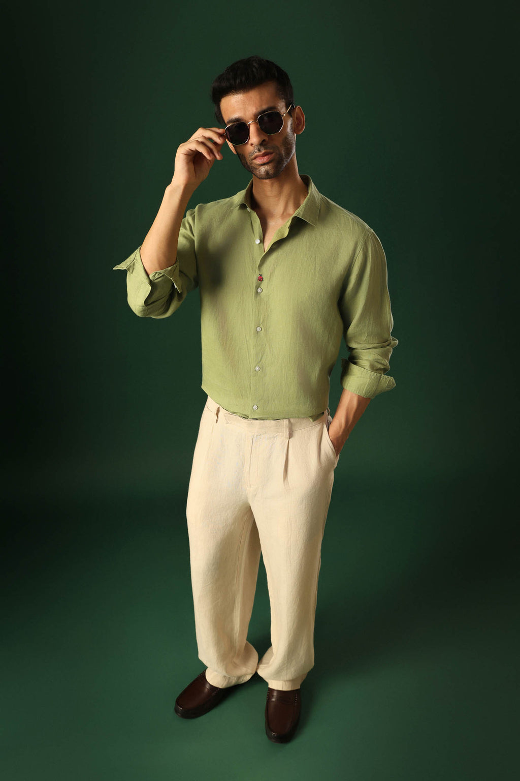 Lady Bug Hand Embroidered Irish Linen Shirt - Green