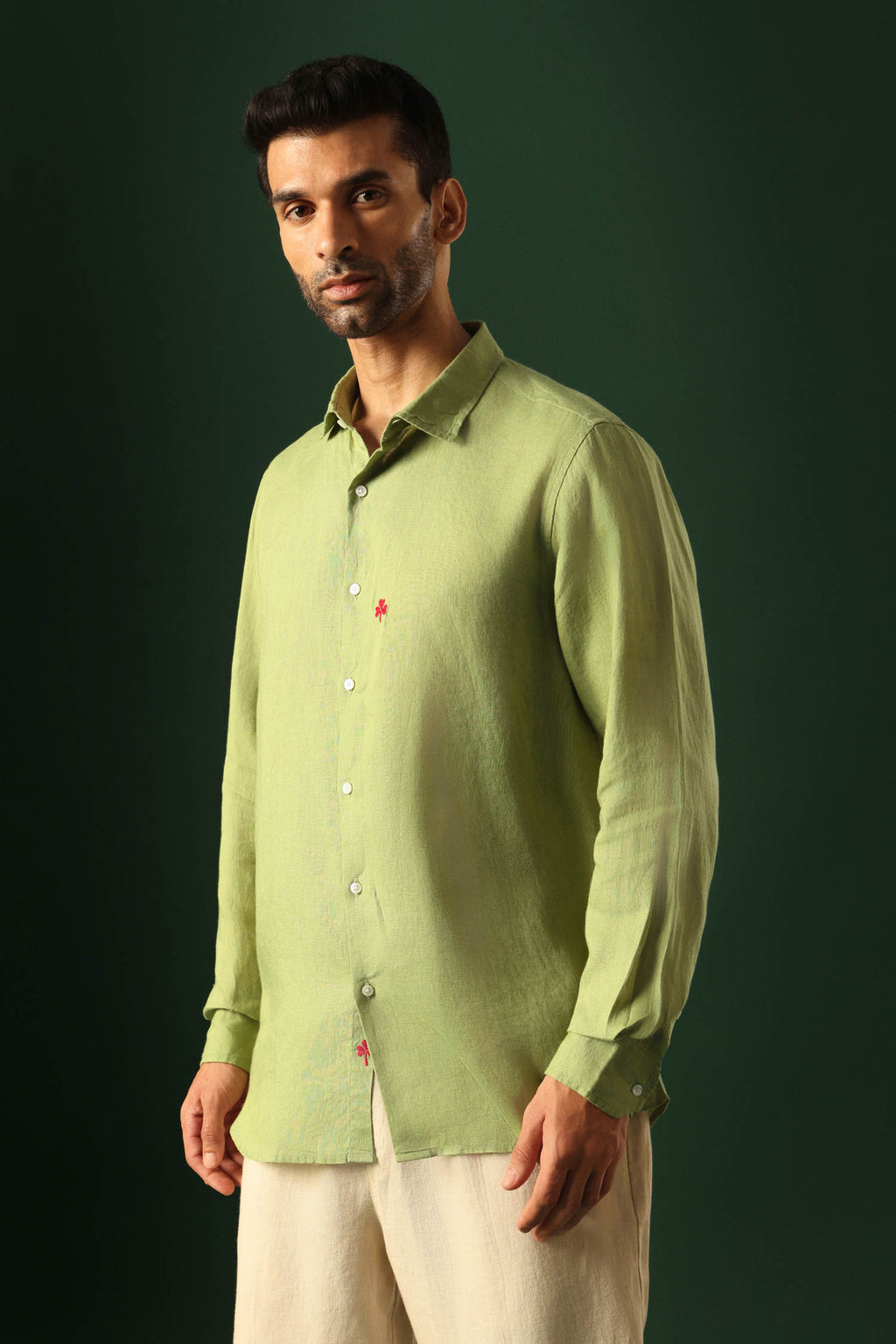 Leaf Hand Embroidered Irish Linen Shirt - Green