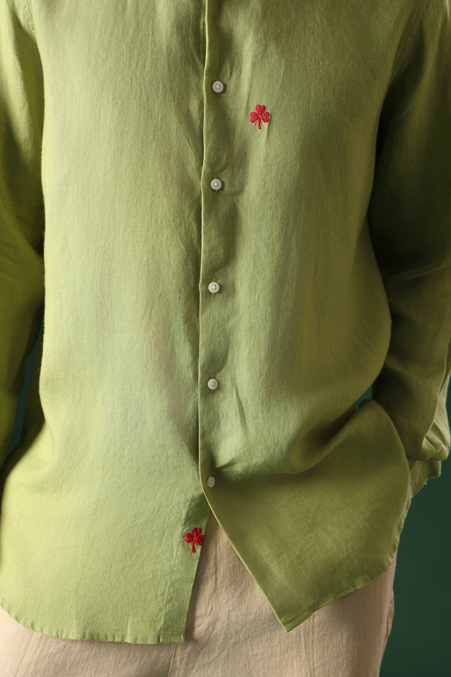 Leaf Hand Embroidered Irish Linen Shirt - Green