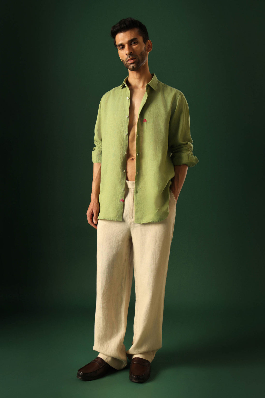 Leaf Hand Embroidered Irish Linen Shirt - Green