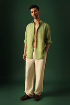 Leaf Hand Embroidered Irish Linen Shirt - Green