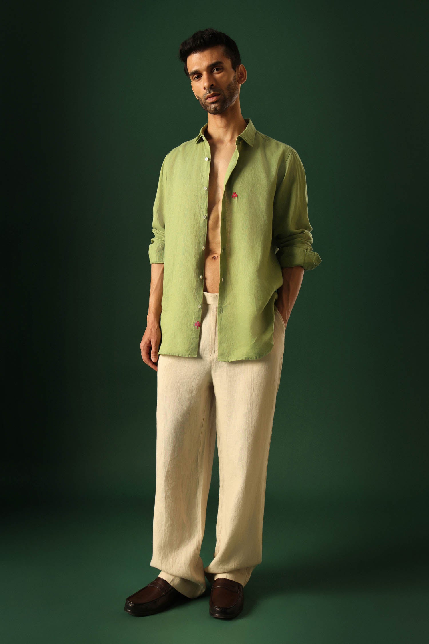 Leaf Hand Embroidered Irish Linen Shirt - Green