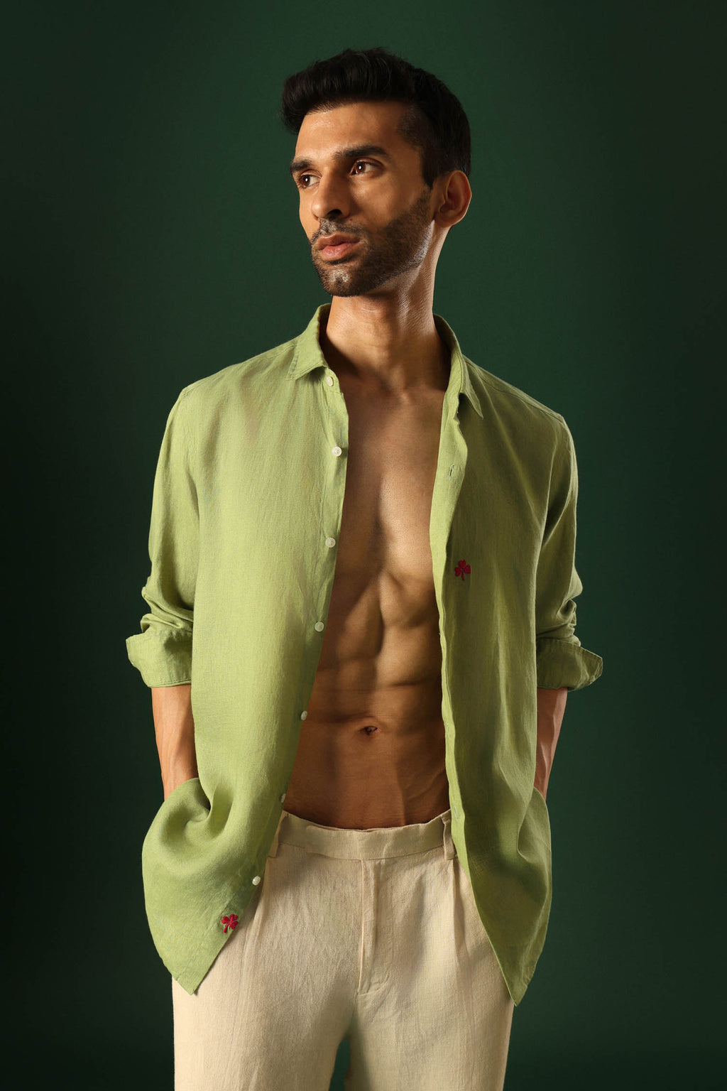 Leaf Hand Embroidered Irish Linen Shirt - Green