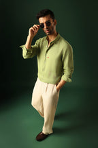 Leaf Hand Embroidered Irish Linen Shirt - Green
