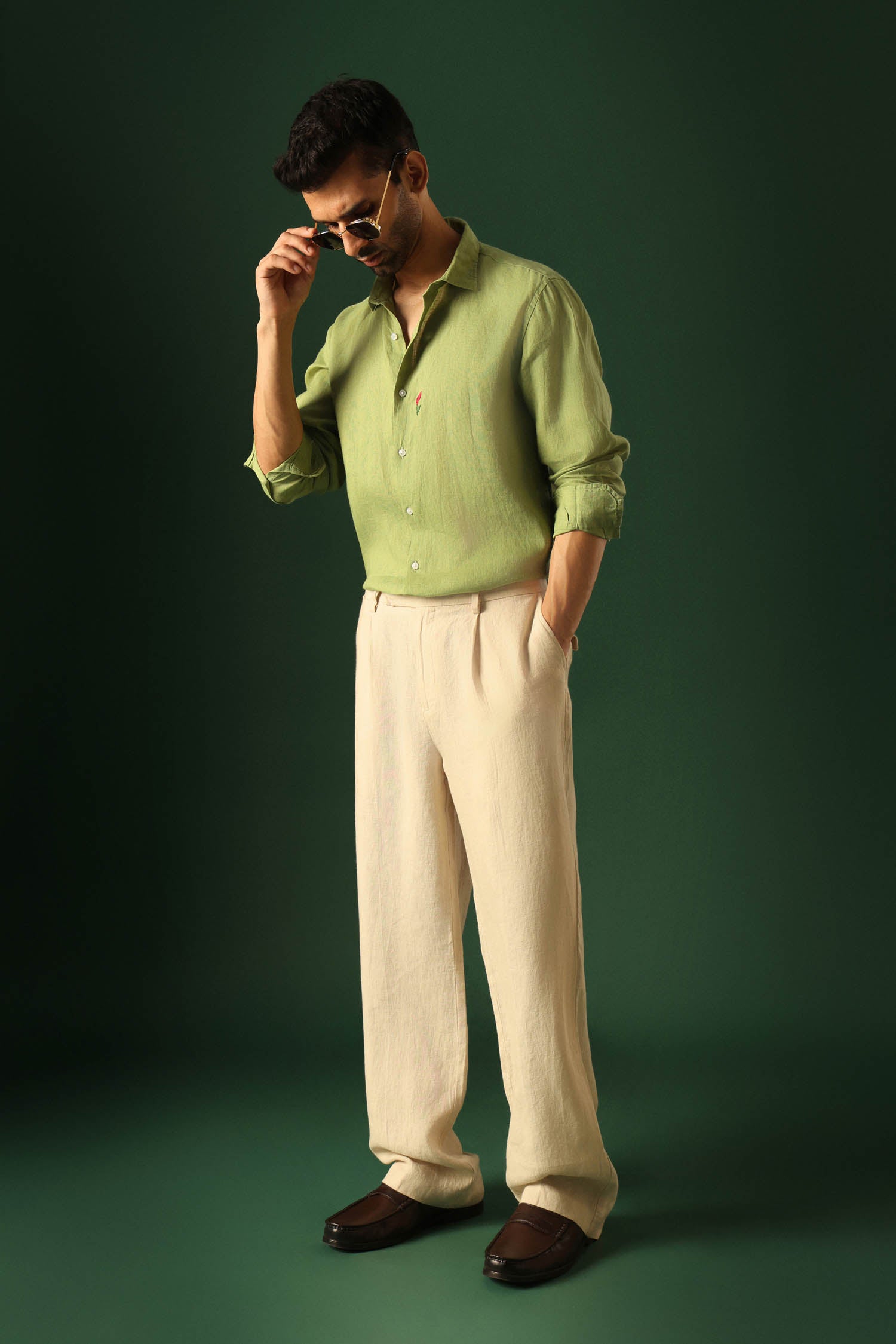 Lilly Hand Embroidered Irish Linen Shirt - Green