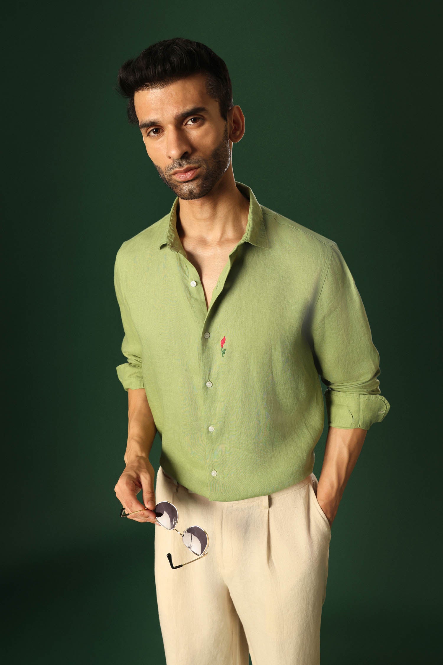 Lilly Hand Embroidered Irish Linen Shirt - Green