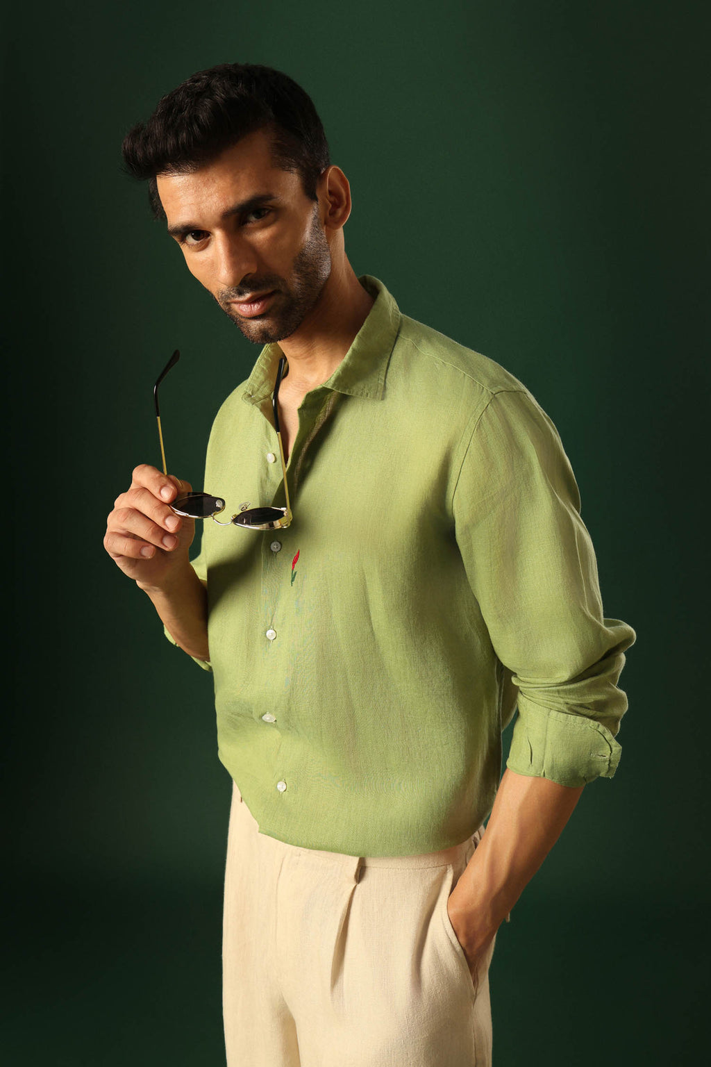 Lilly Hand Embroidered Irish Linen Shirt - Green
