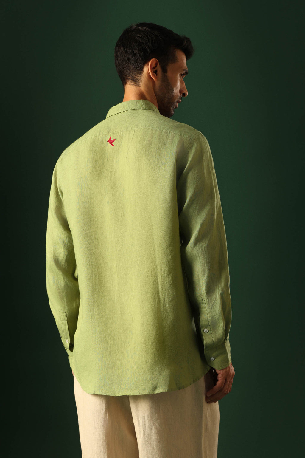 Bird Hand Embroidered Irish Linen Shirt - Green