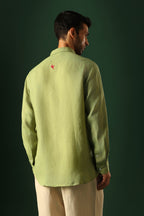 Bird Hand Embroidered Irish Linen Shirt - Green