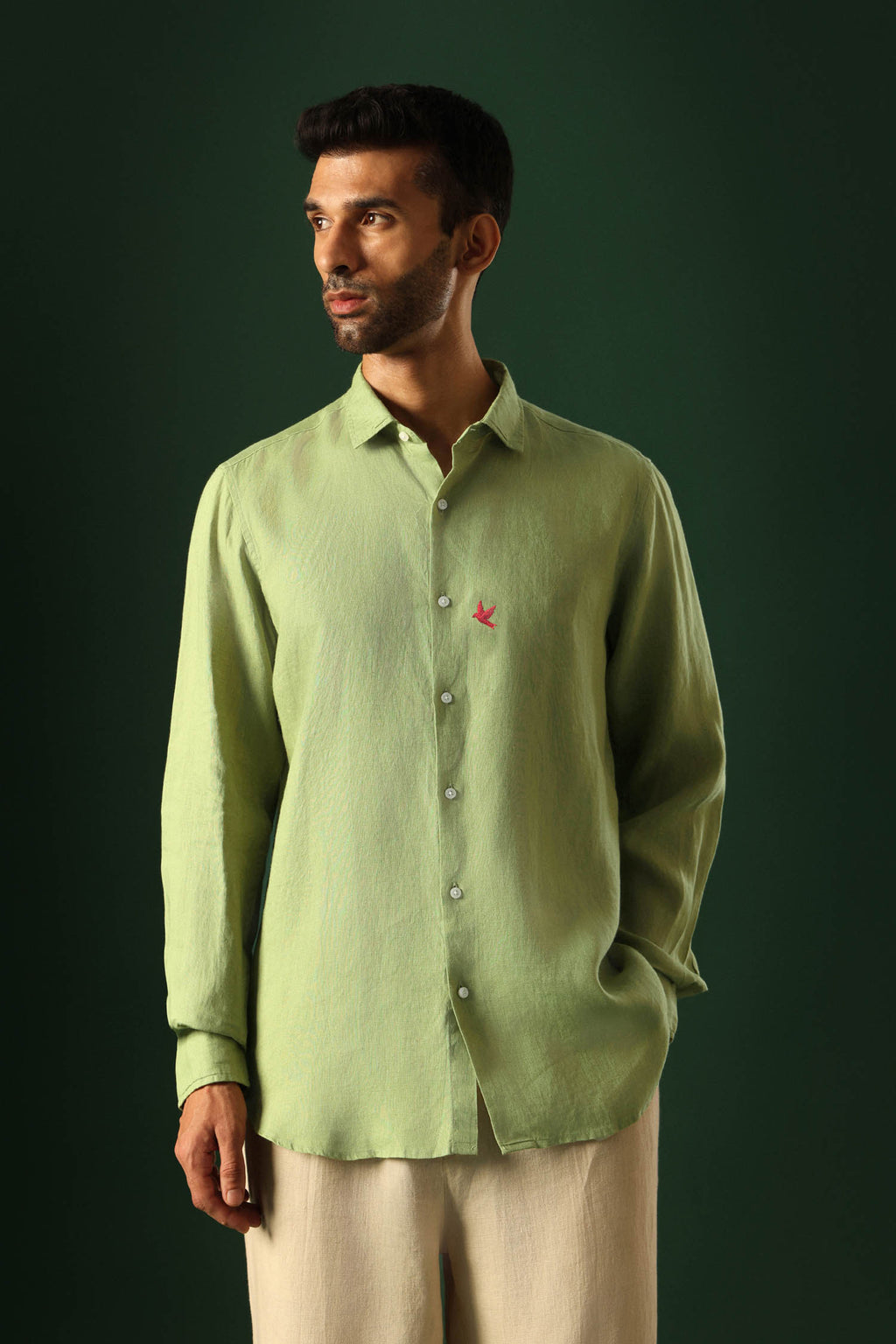 Bird Hand Embroidered Irish Linen Shirt - Green