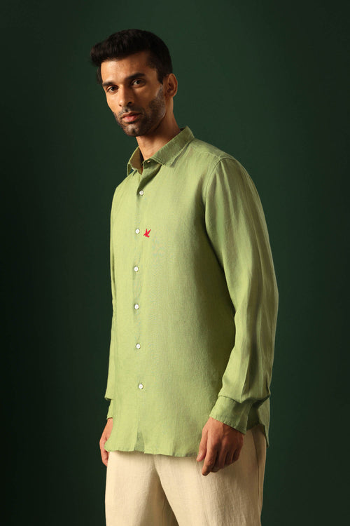 Bird Hand Embroidered Irish Linen Shirt - Green