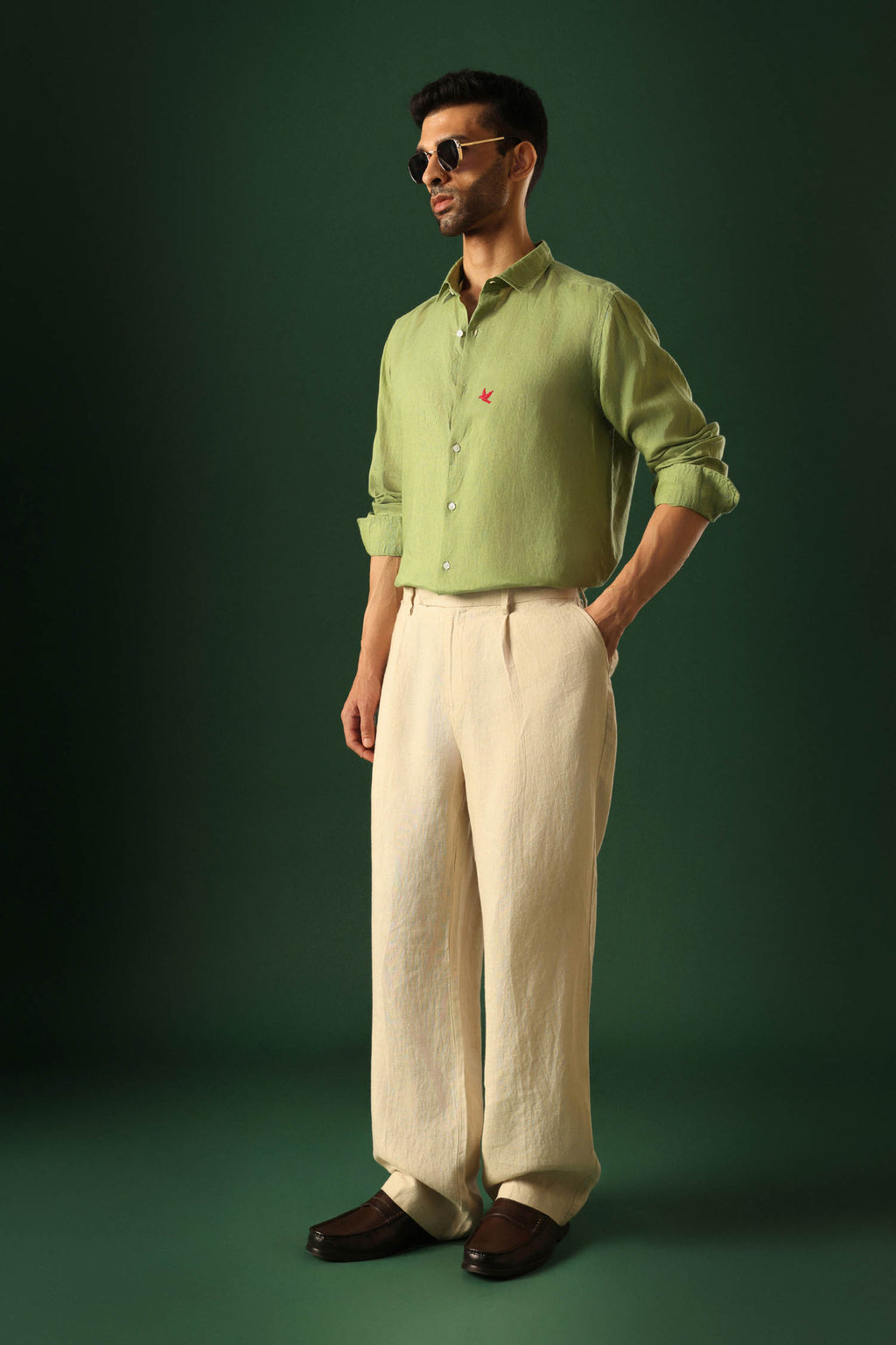 Bird Hand Embroidered Irish Linen Shirt - Green