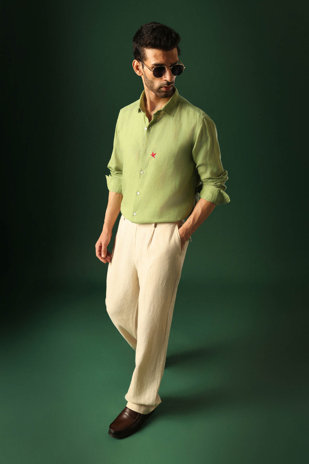Bird Hand Embroidered Irish Linen Shirt - Green