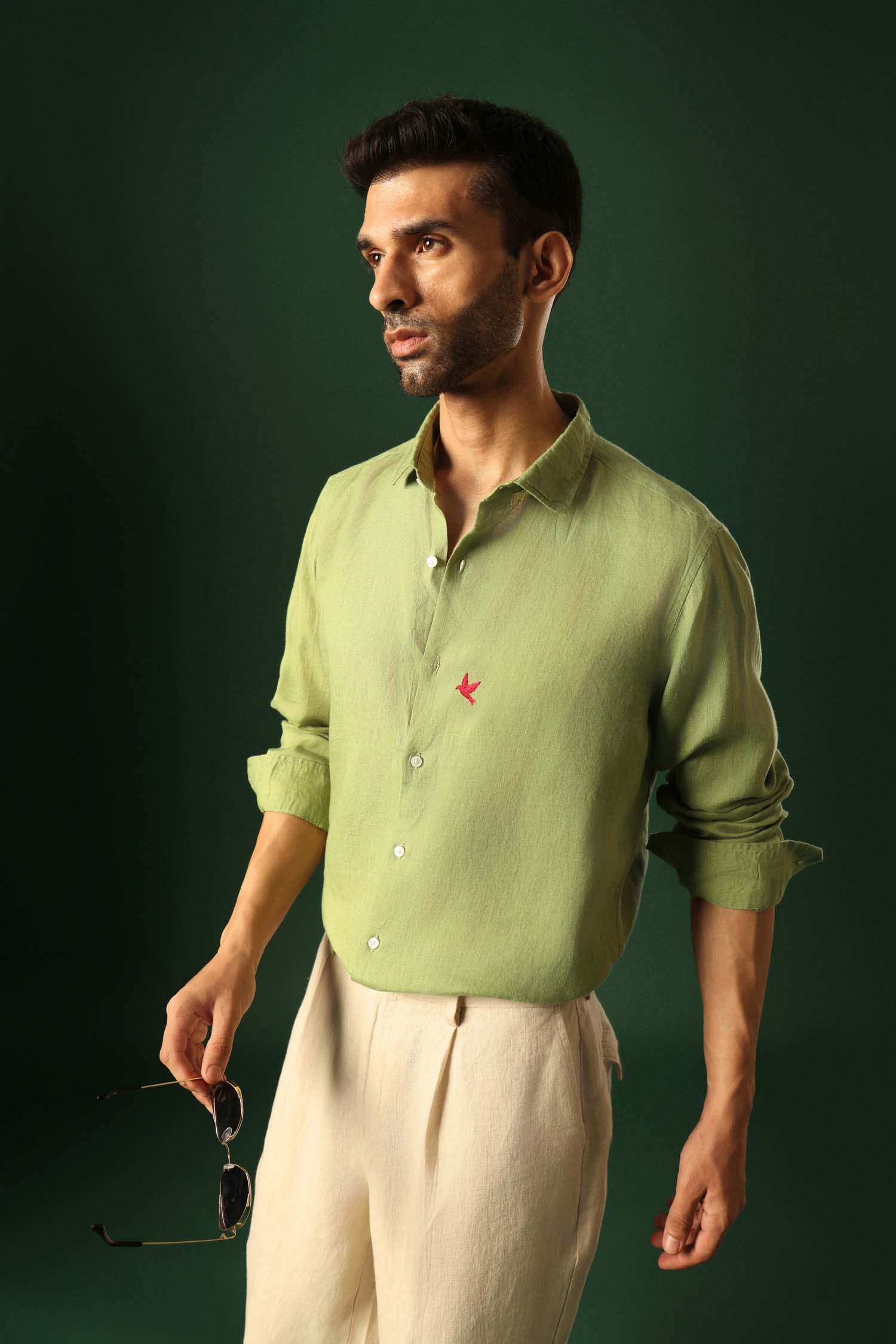 Bird Hand Embroidered Irish Linen Shirt - Green