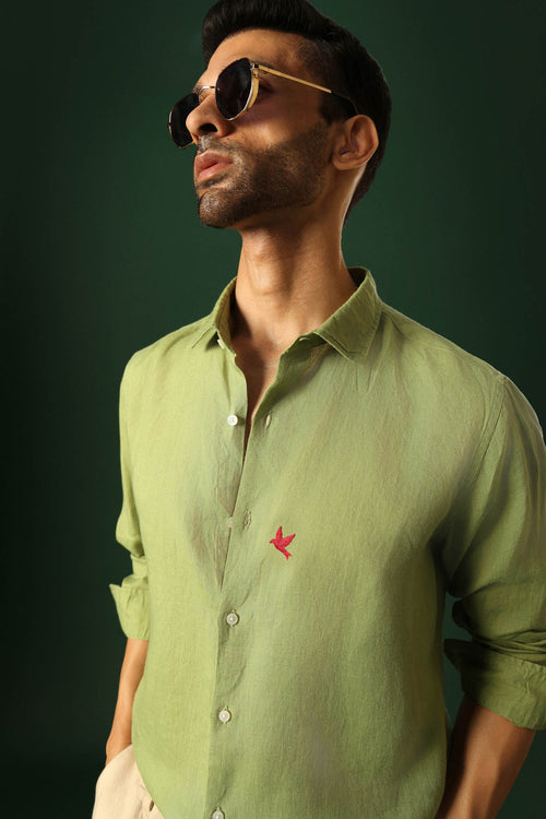 Bird Hand Embroidered Irish Linen Shirt - Green