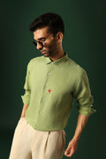 Bird Hand Embroidered Irish Linen Shirt - Green
