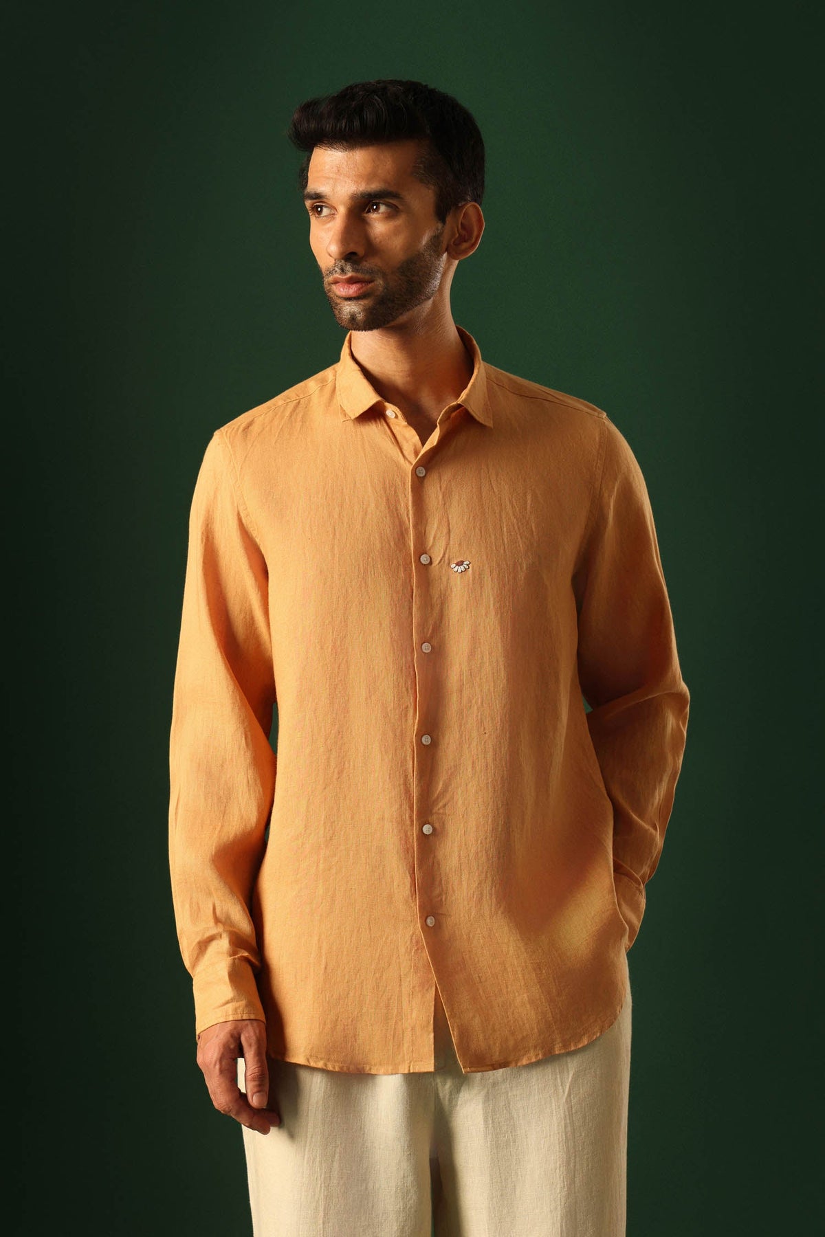 Daisy Hand EmbroideredIrish Linen Shirt - Pumpkin