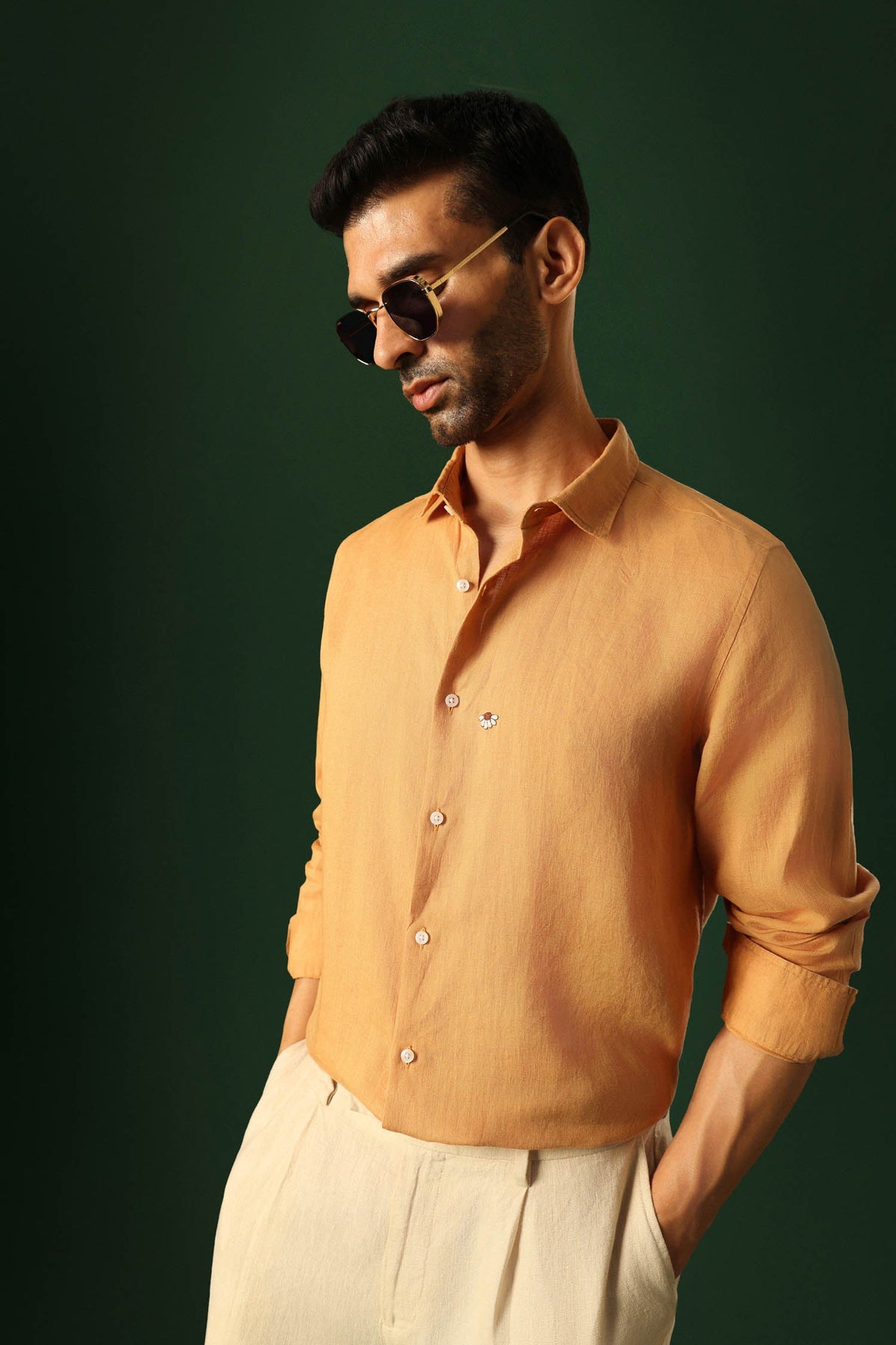 Daisy Hand EmbroideredIrish Linen Shirt - Pumpkin