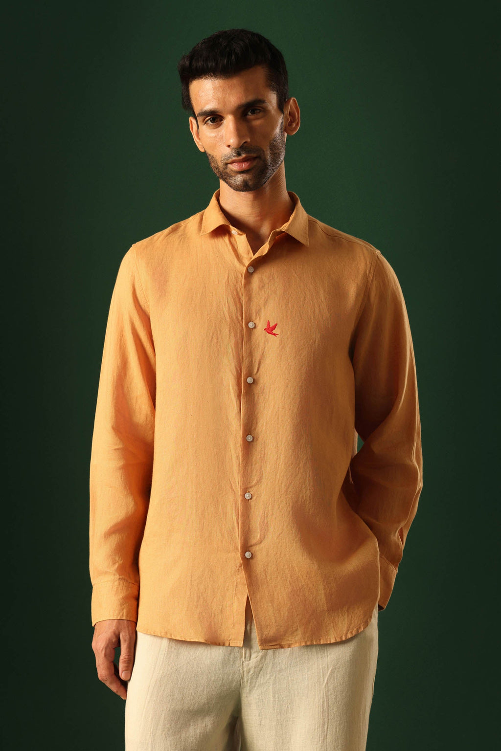 Bird Hand Embroidered Irish Linen Shirt - Pumpkin