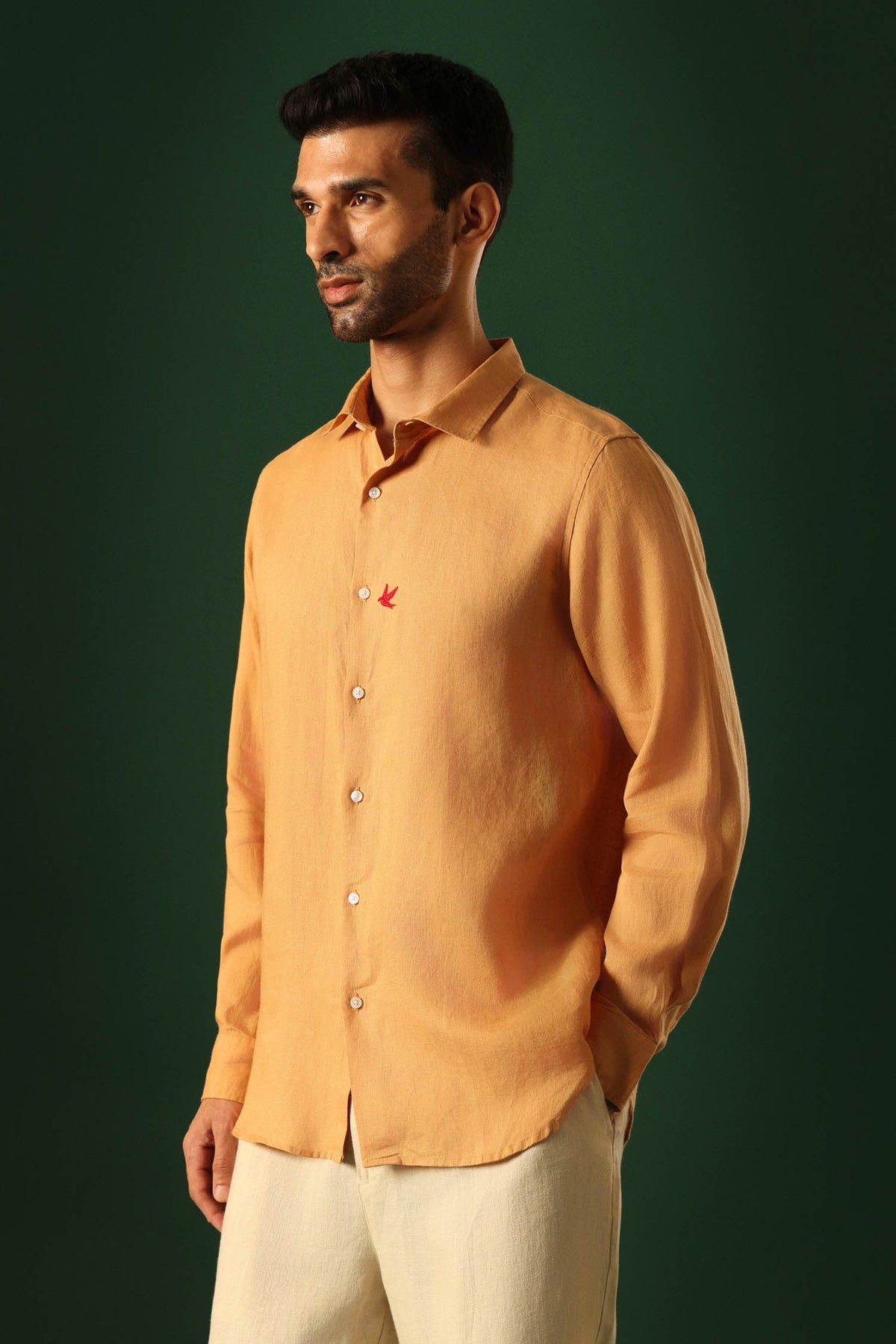 Bird Hand Embroidered Irish Linen Shirt - Pumpkin
