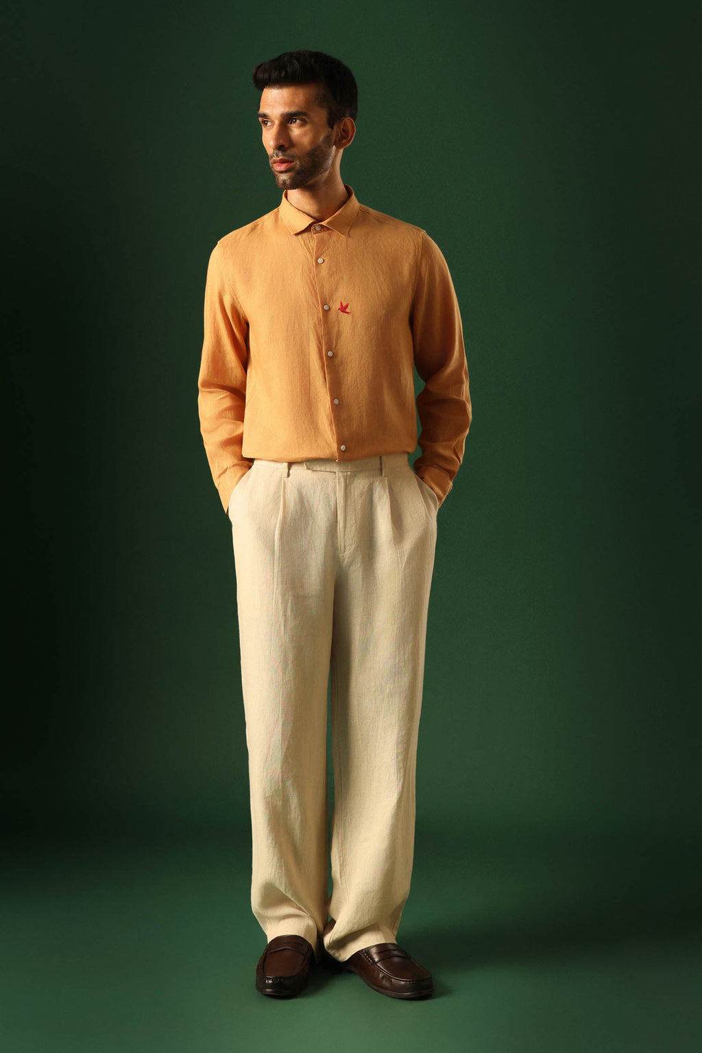Bird Hand Embroidered Irish Linen Shirt - Pumpkin
