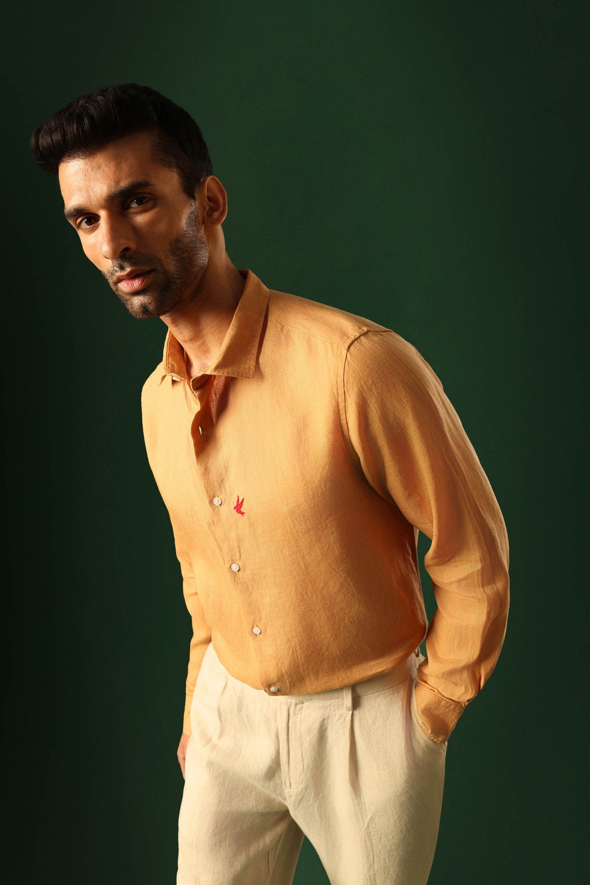 Bird Hand Embroidered Irish Linen Shirt - Pumpkin