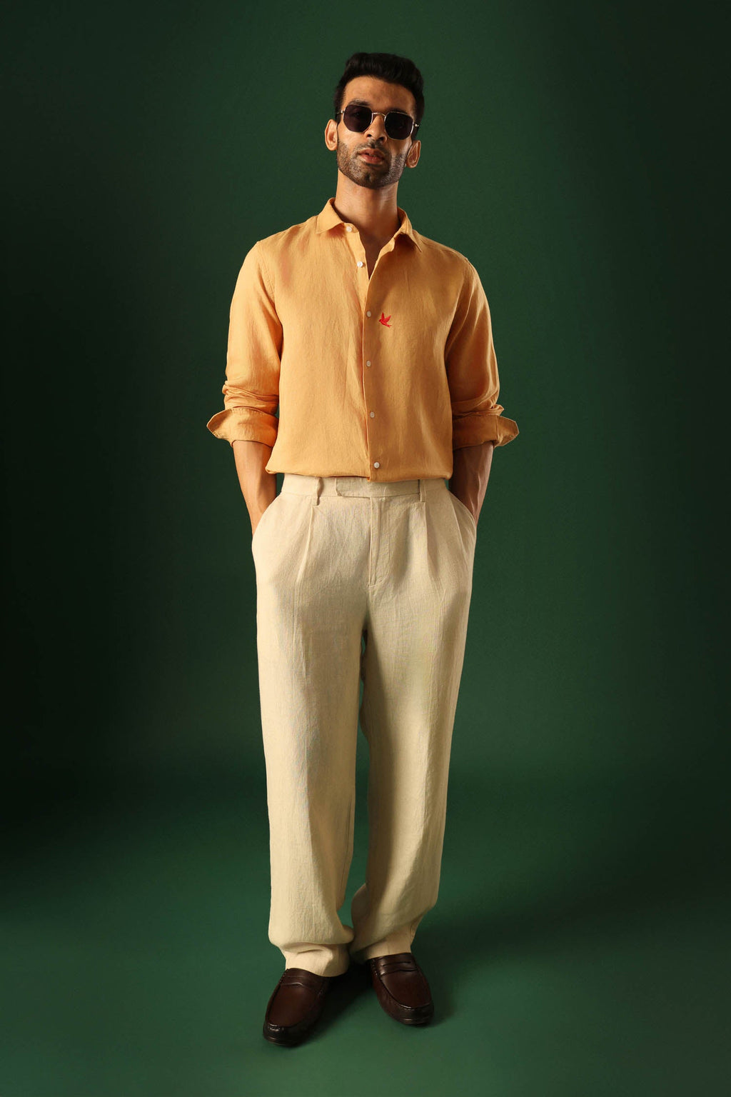 Bird Hand Embroidered Irish Linen Shirt - Pumpkin