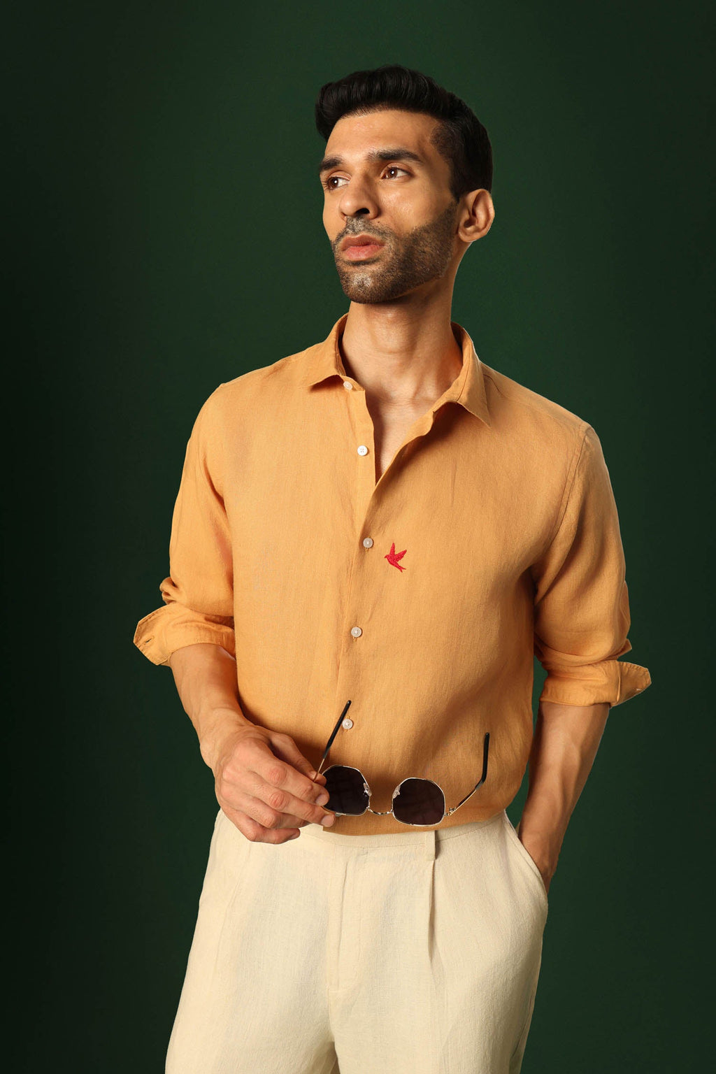 Bird Hand Embroidered Irish Linen Shirt - Pumpkin