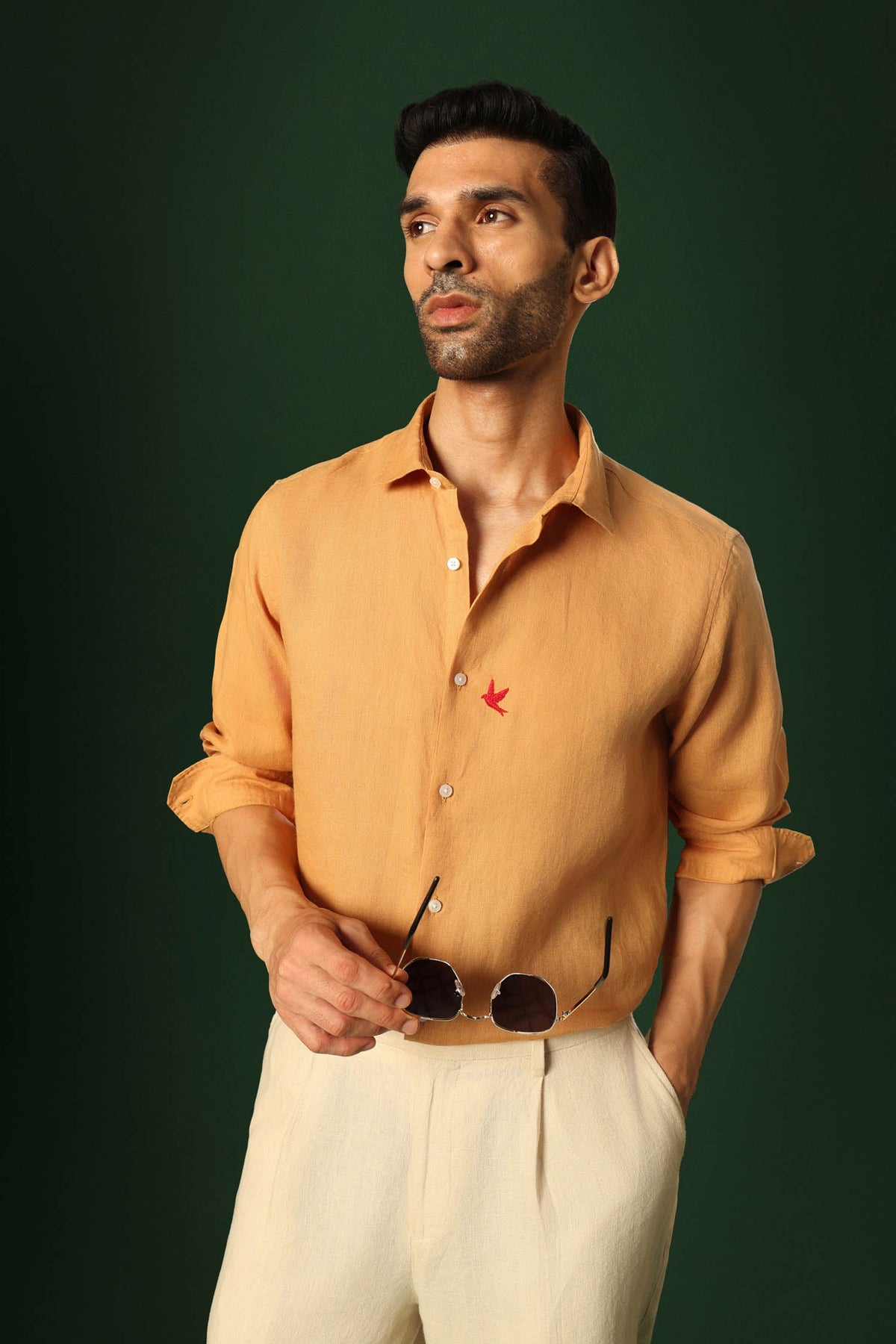 Bird Hand Embroidered Irish Linen Shirt - Pumpkin