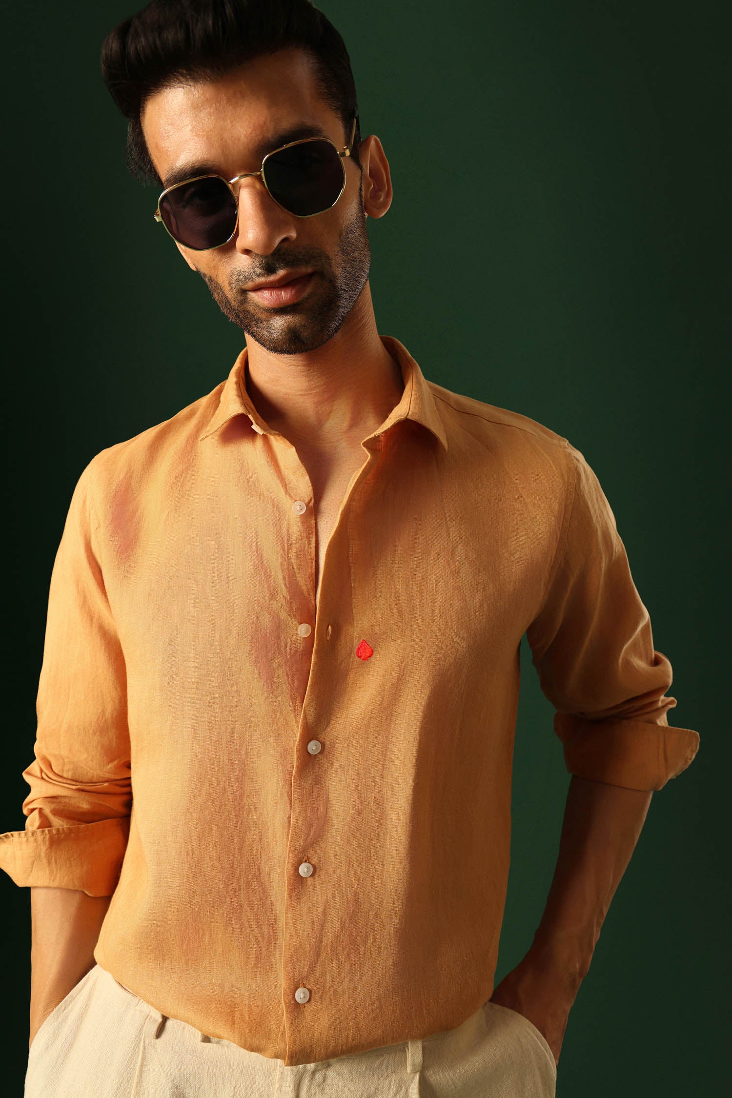 Spade Hand Embroidered Irish Linen Shirt - Pumpkin