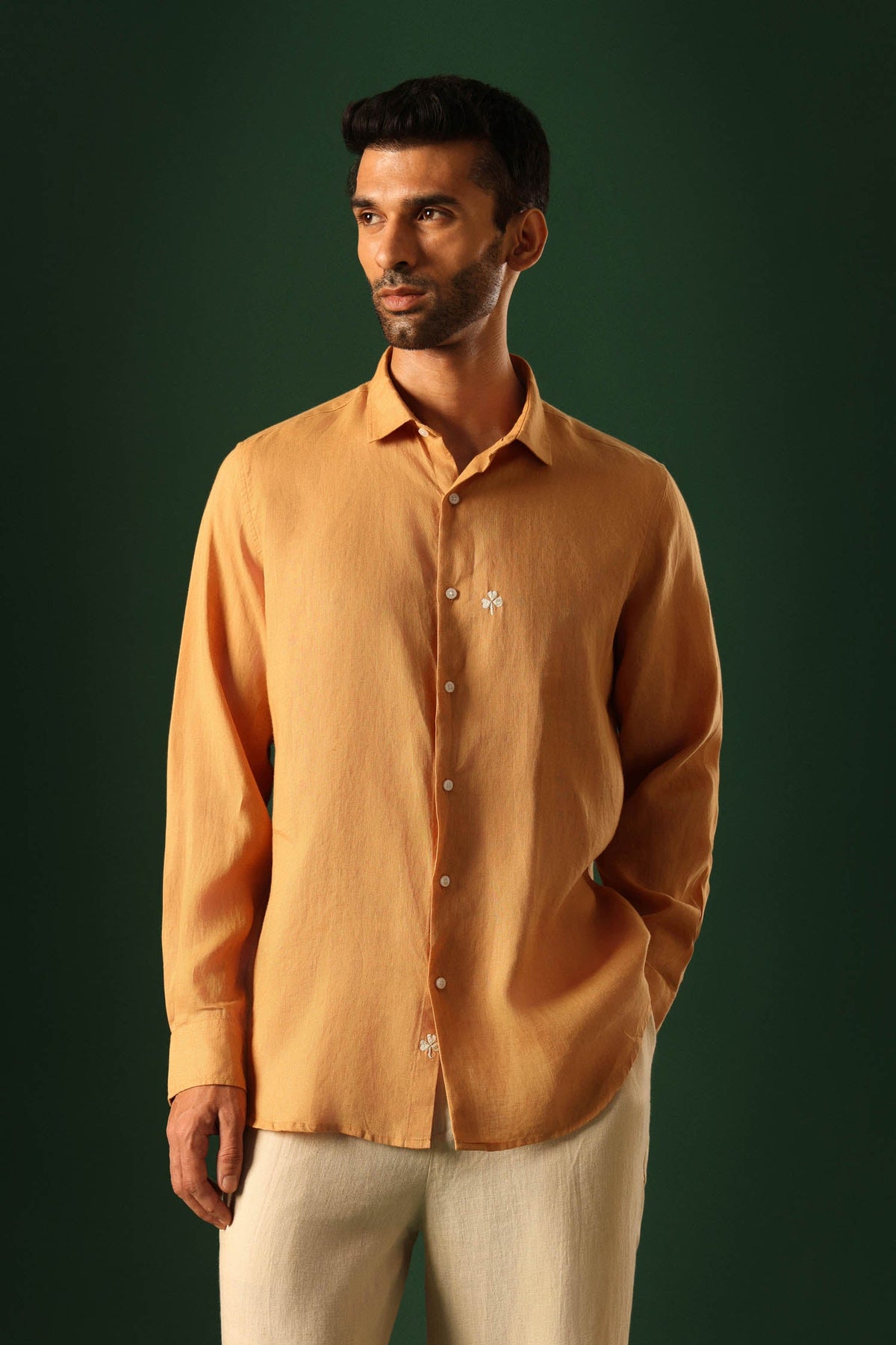 Leaf Hand Embroidered Irish Linen Shirt - Pumpkin
