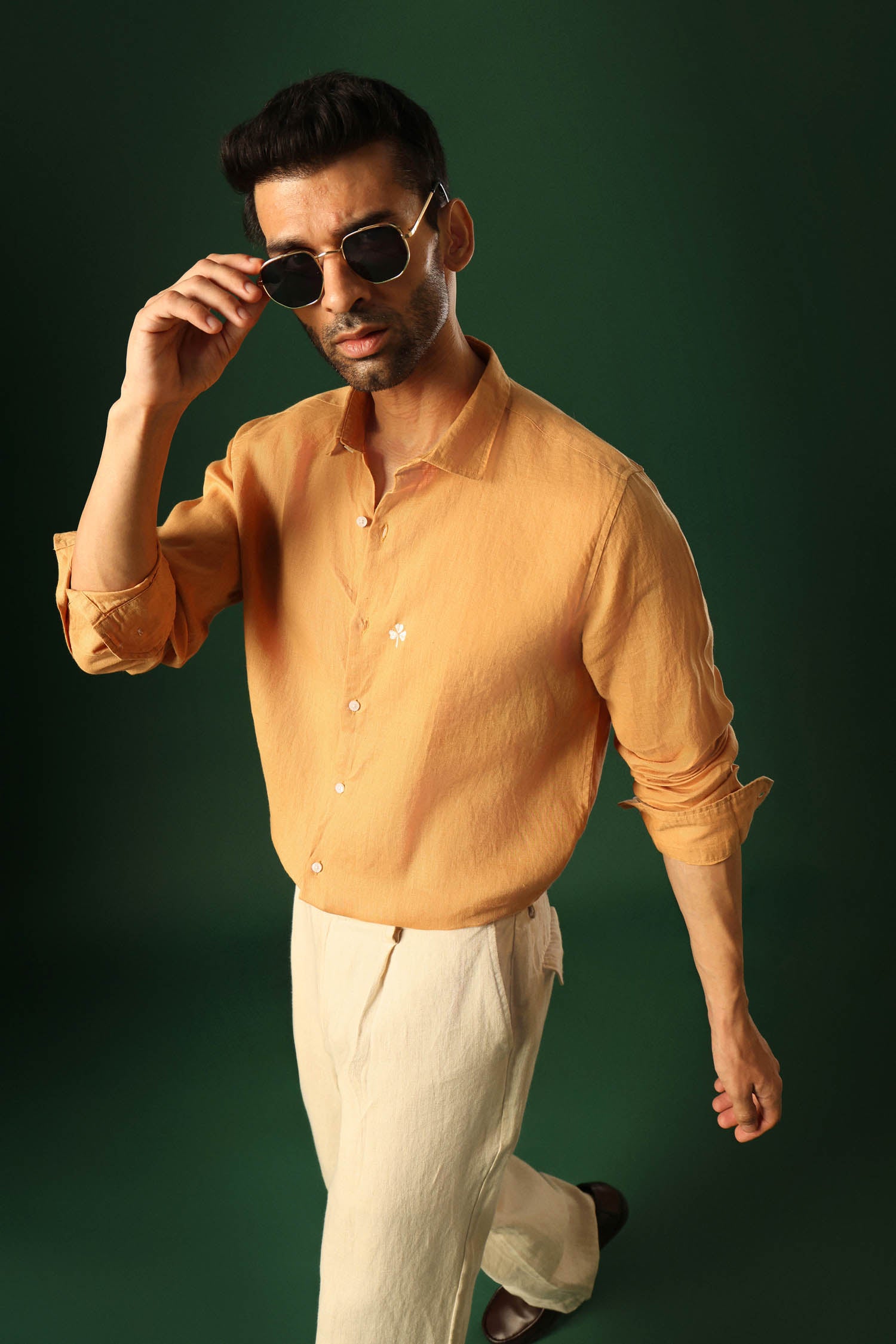 Leaf Hand Embroidered Irish Linen Shirt - Pumpkin