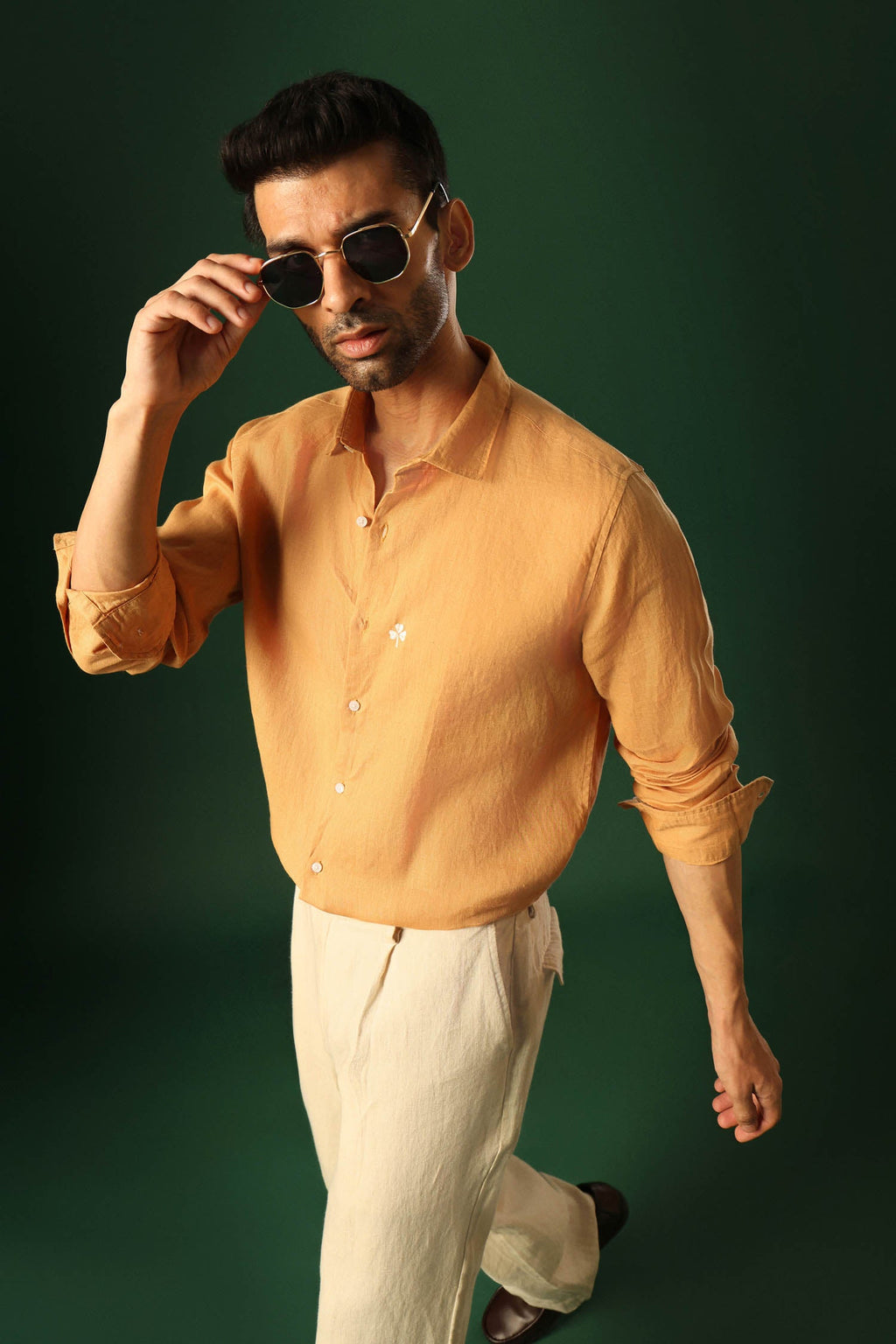 Leaf Hand Embroidered Irish Linen Shirt - Pumpkin