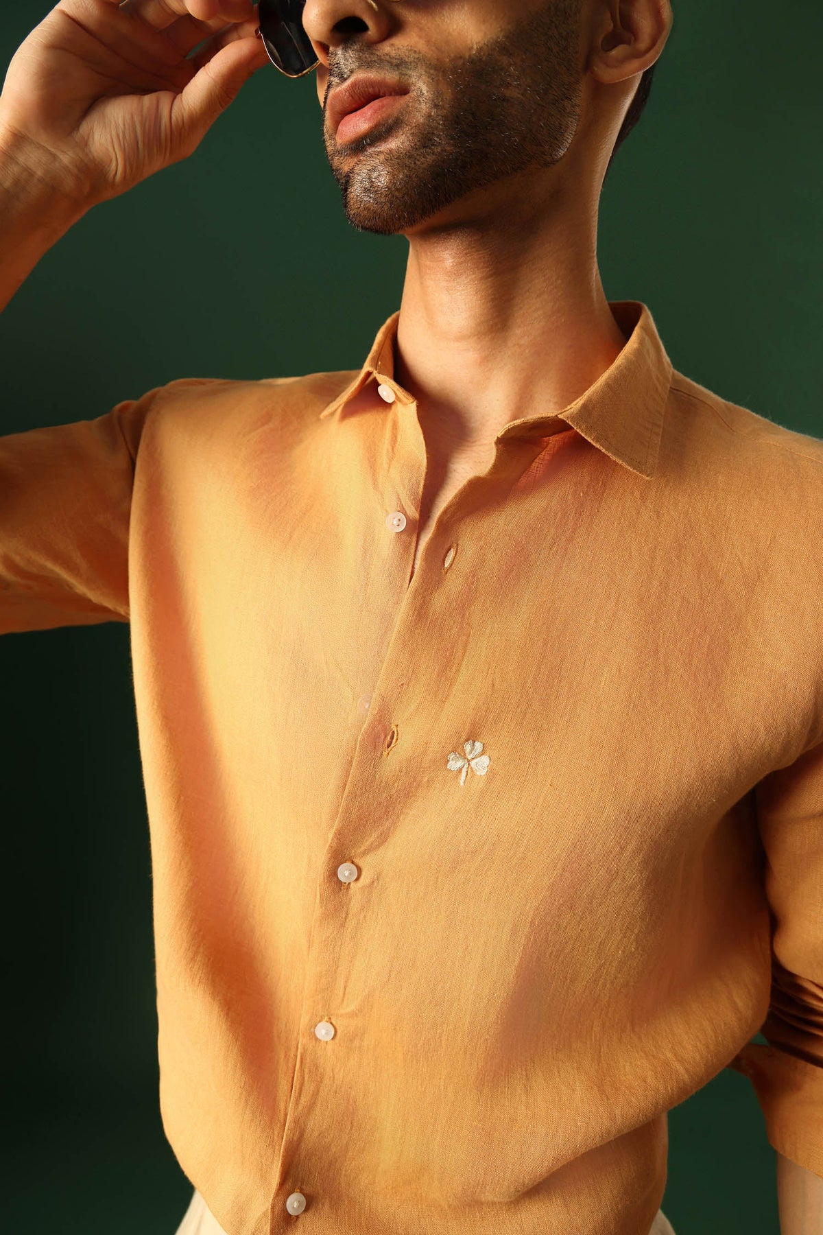 Leaf Hand Embroidered Irish Linen Shirt - Pumpkin