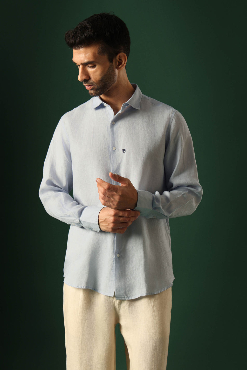 Owl Hand Embroidered Irish Linen Shirt - Light Blue