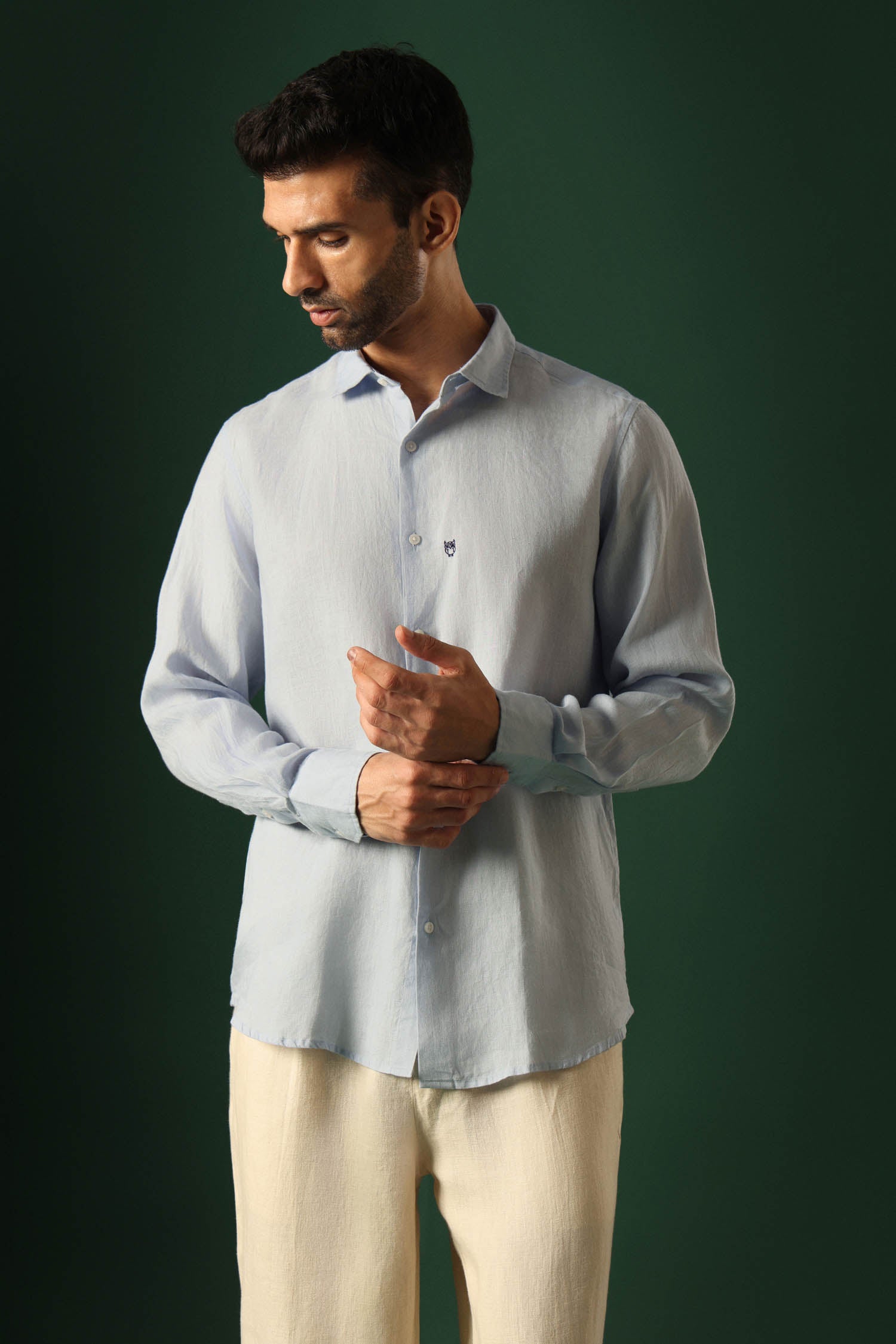 Owl Hand Embroidered Irish Linen Shirt - Light Blue