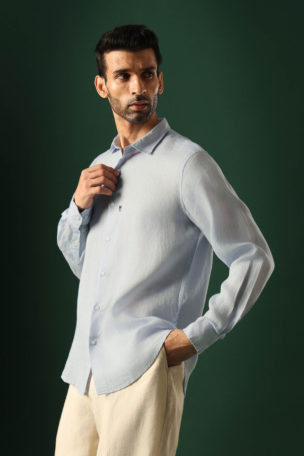 Owl Hand Embroidered Irish Linen Shirt - Light Blue