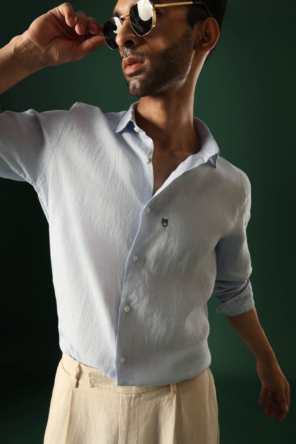 Owl Hand Embroidered Irish Linen Shirt - Light Blue