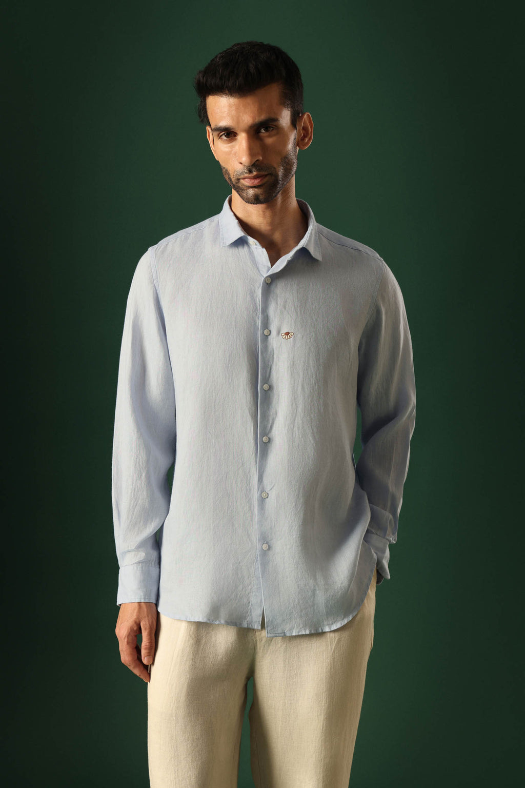 Daisy Hand Embroidered Irish Linen Shirt - Light Blue