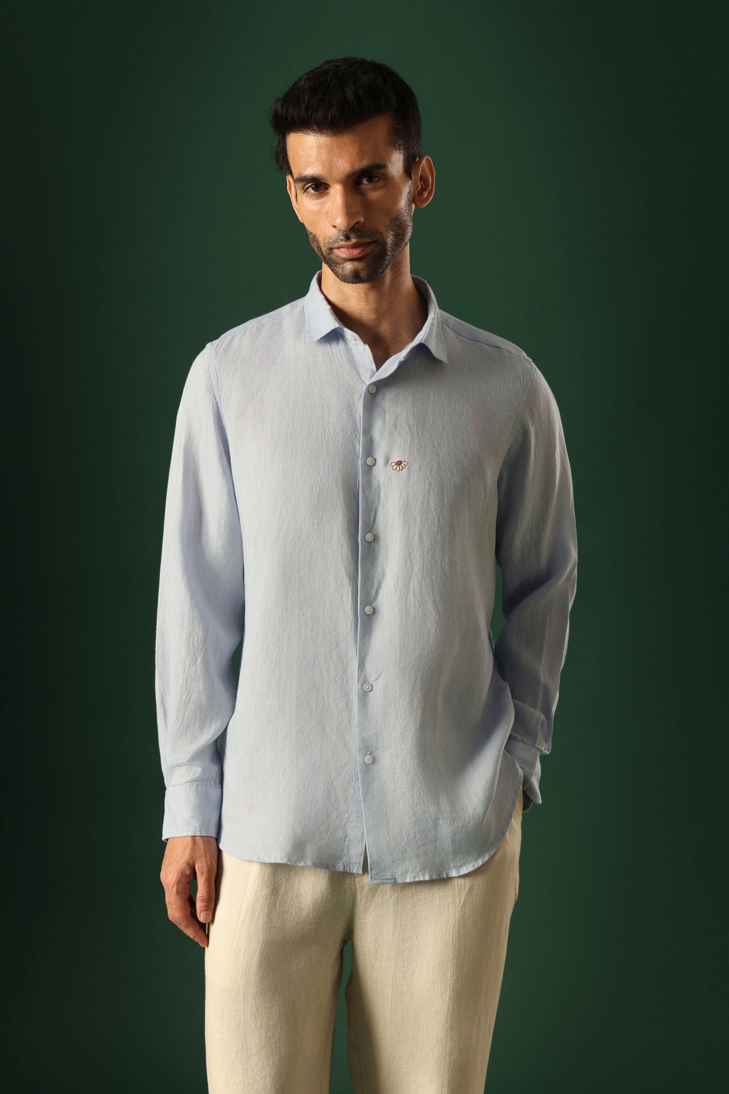Daisy Hand Embroidered Irish Linen Shirt - Light Blue