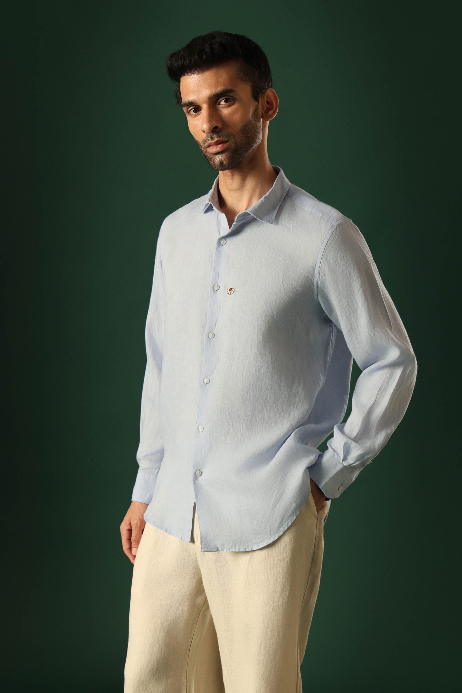 Daisy Hand Embroidered Irish Linen Shirt - Light Blue