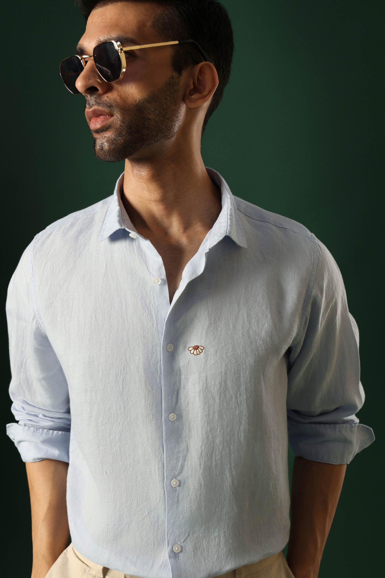 Daisy Hand Embroidered Irish Linen Shirt - Light Blue