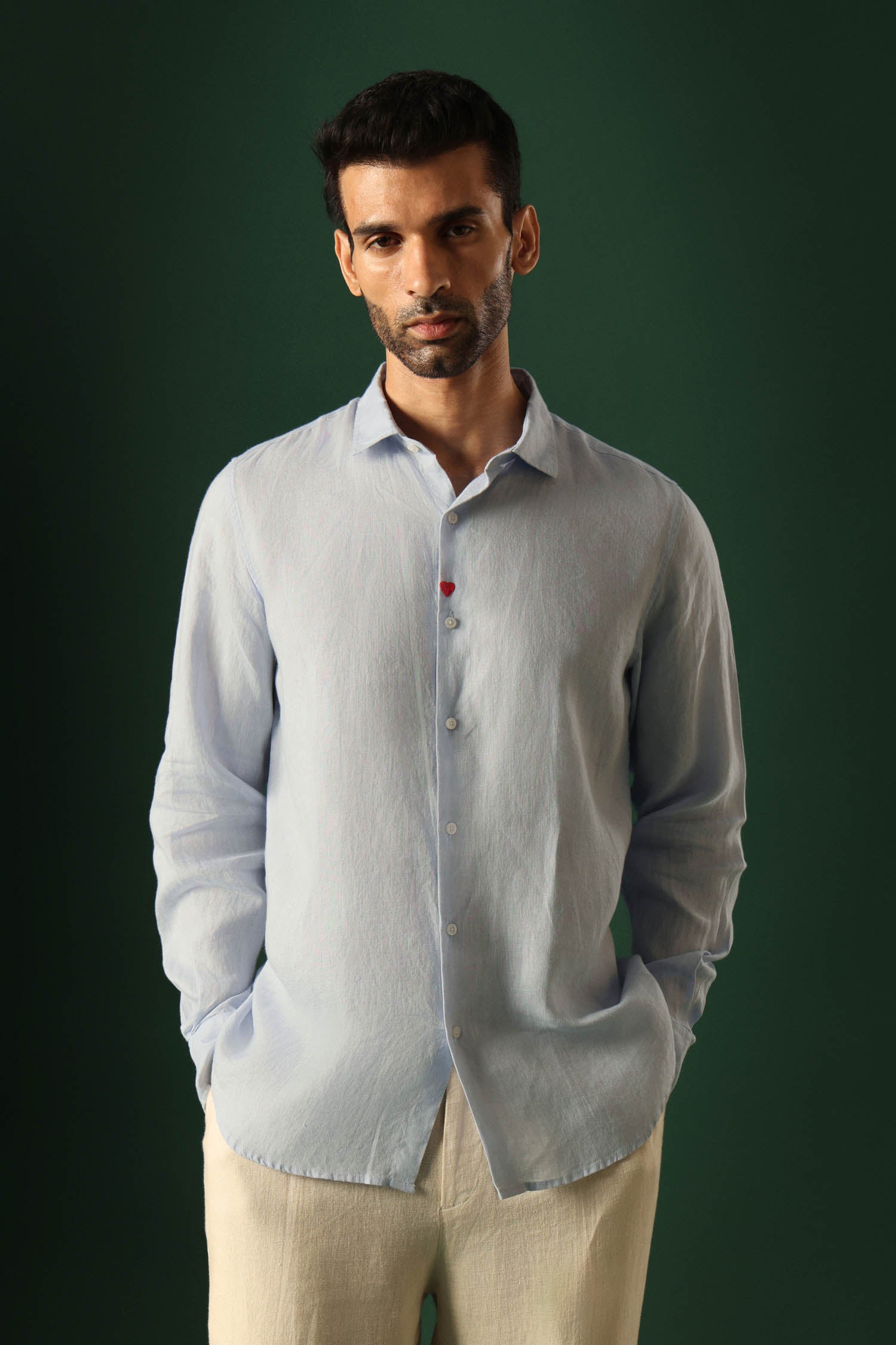 Heart Hand Embroidered Irish Linen Shirt - Light Blue