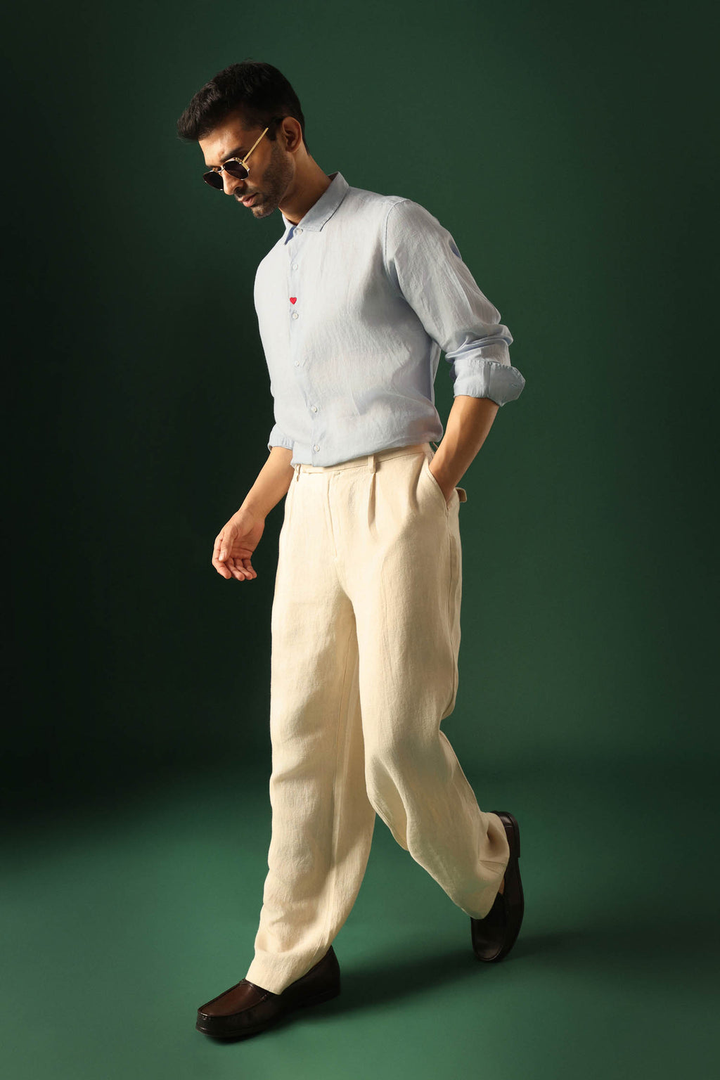 Heart Hand Embroidered Irish Linen Shirt - Light Blue