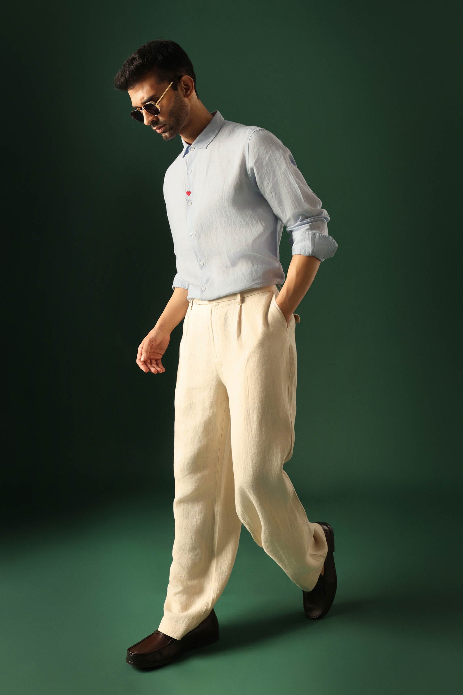 Heart Hand Embroidered Irish Linen Shirt - Light Blue