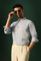 Heart Hand Embroidered Irish Linen Shirt - Light Blue