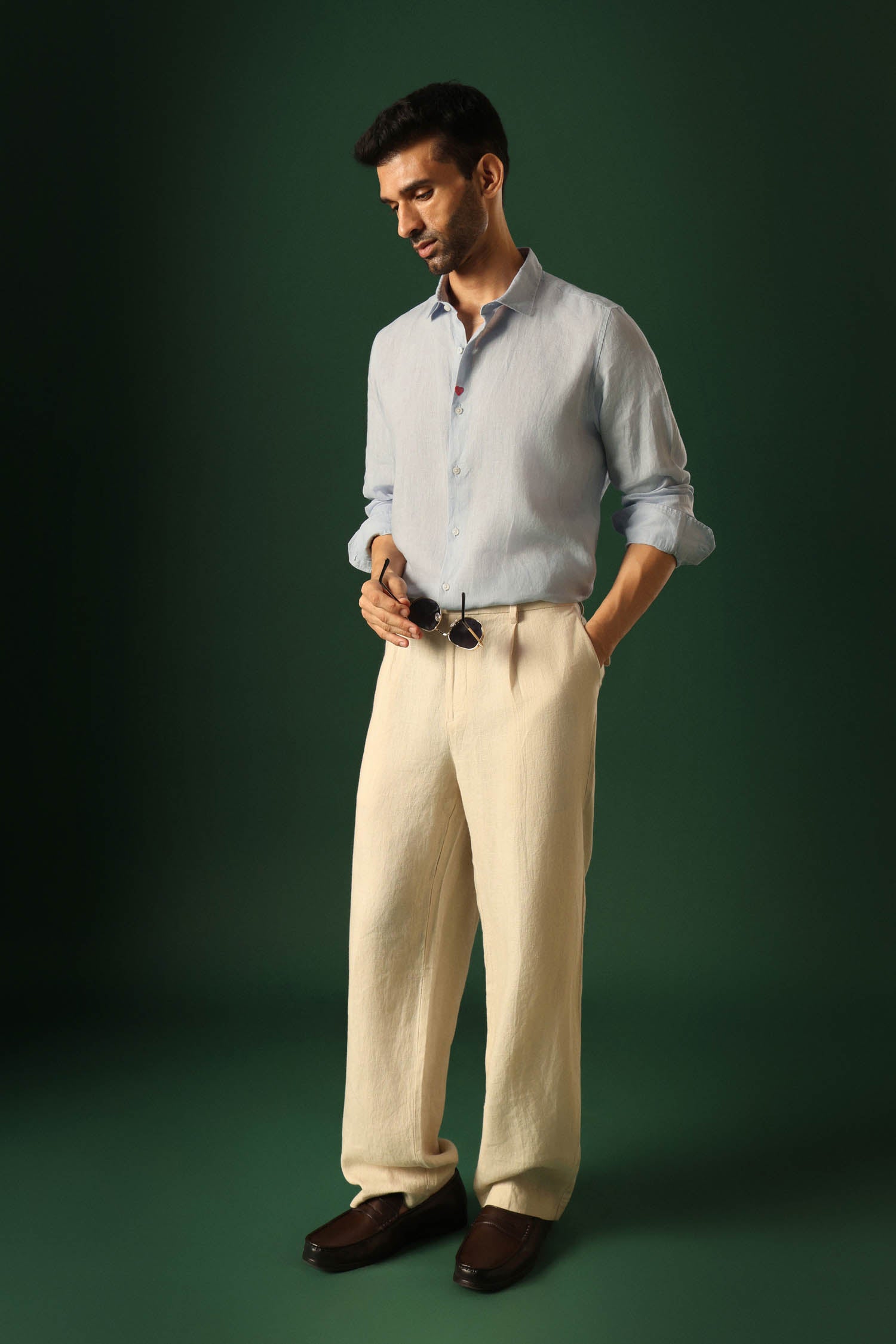 Heart Hand Embroidered Irish Linen Shirt - Light Blue