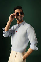 Heart Hand Embroidered Irish Linen Shirt - Light Blue